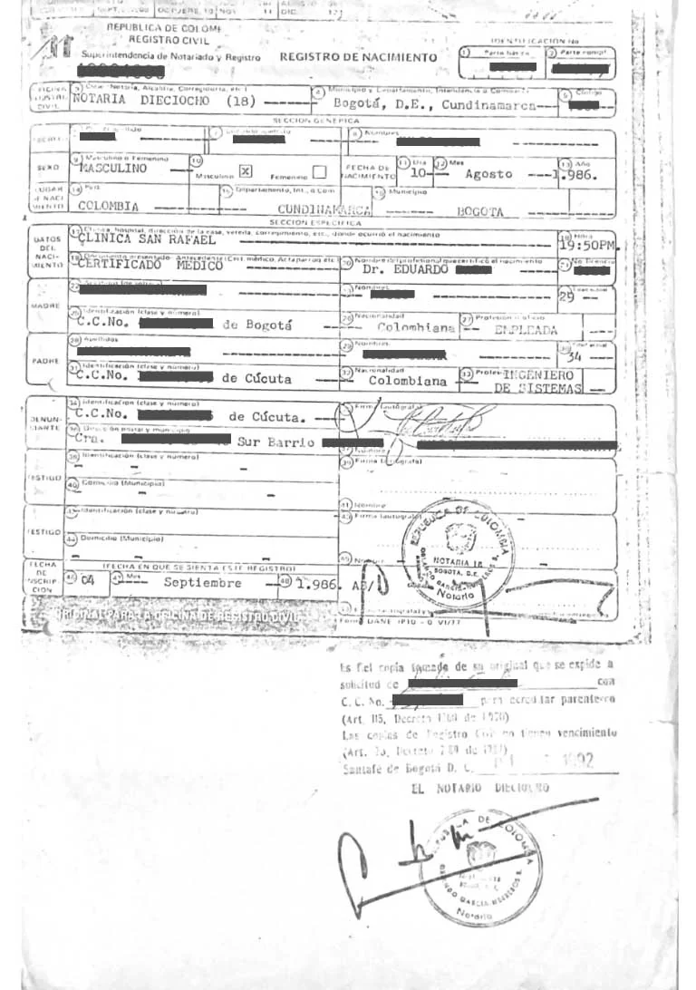 Documento de registro civil original en español